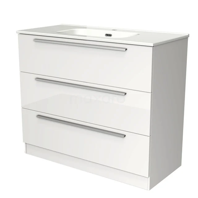 Weißes Badezimmermöbel mit drei Schubladen, integriertem Waschbecken und verchromten Haltegriffen; schlankes und modernes Design.