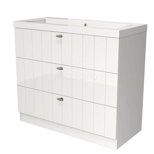 White bathroom unit with three drawers, vertical panel structure, smooth finish, and chic metal handles.