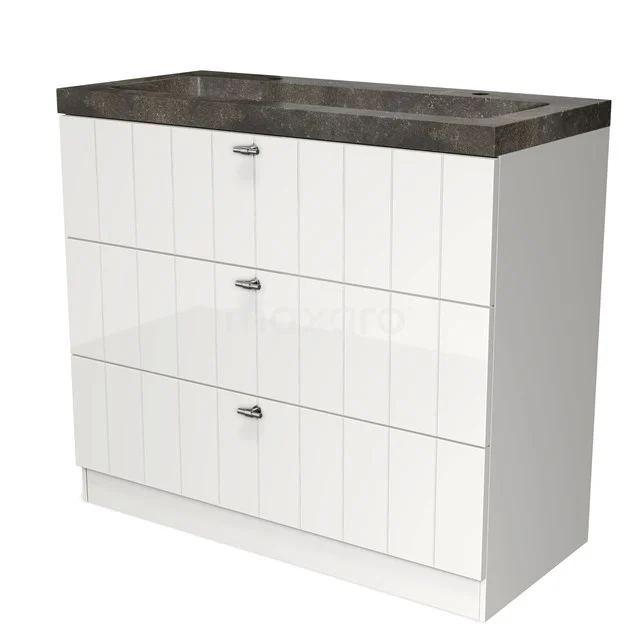 White bathroom unit with three drawers, black natural stone worktop and modern handles, perfect for stylish bathroom storage.