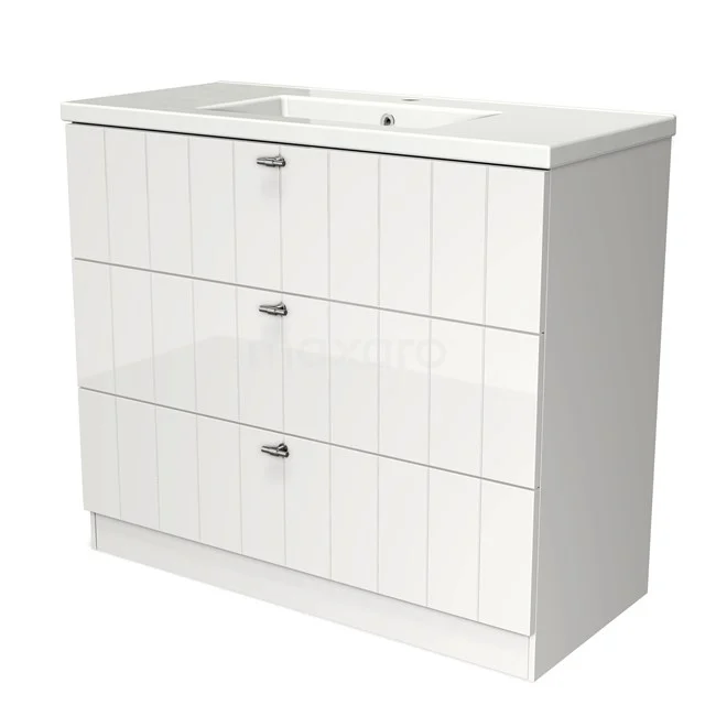 White wooden bathroom unit with wide chest of drawers and built-in vanity units with basin, ideal for storage space in any modern bathroom.