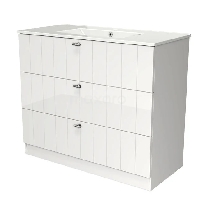 White bathroom unit with three drawers, vertical pattern stripes and built-in vanity units with basin, ideal for stylish storage space.