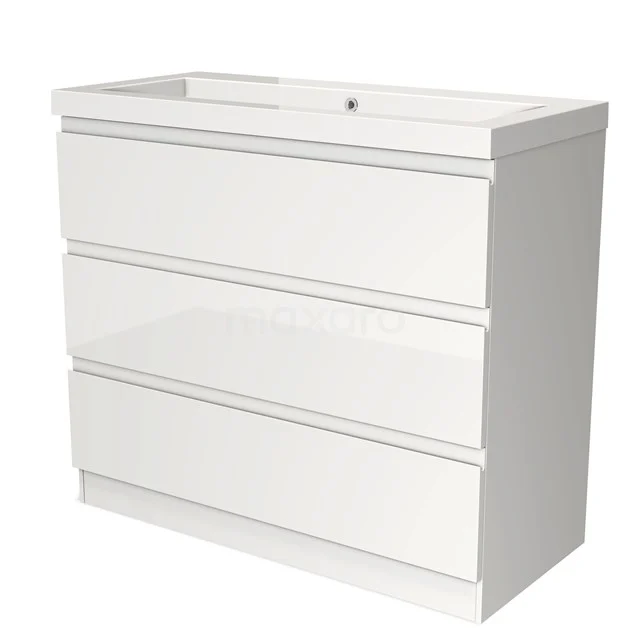 White bathroom unit with three soft-close drawers, glossy finish, ideal for modern bathroom space organisation.