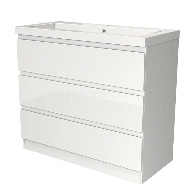 White bathroom unit with three drawers, high-gloss finish and integrated vanity units with basin, ideal for modern bathroom storage.