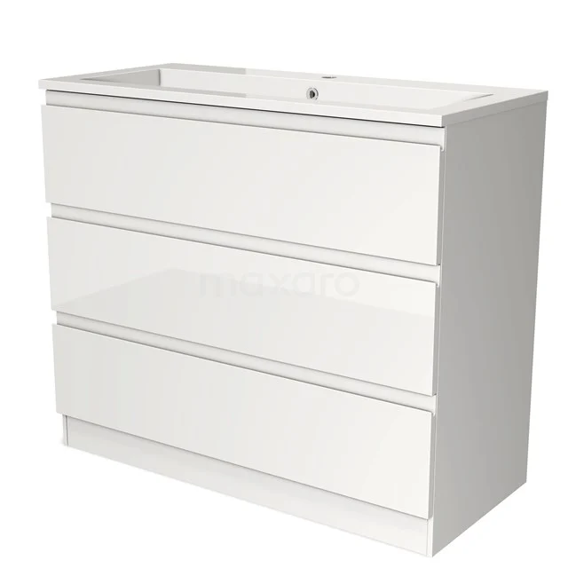 White bathroom furniture set with three modern drawers, glossy finish, ideal for stylish bathroom storage.