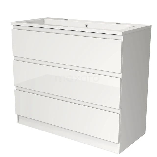White bathroom cabinet with three drawers, high-gloss finish, sleek design, ideal for modern bathroom storage.