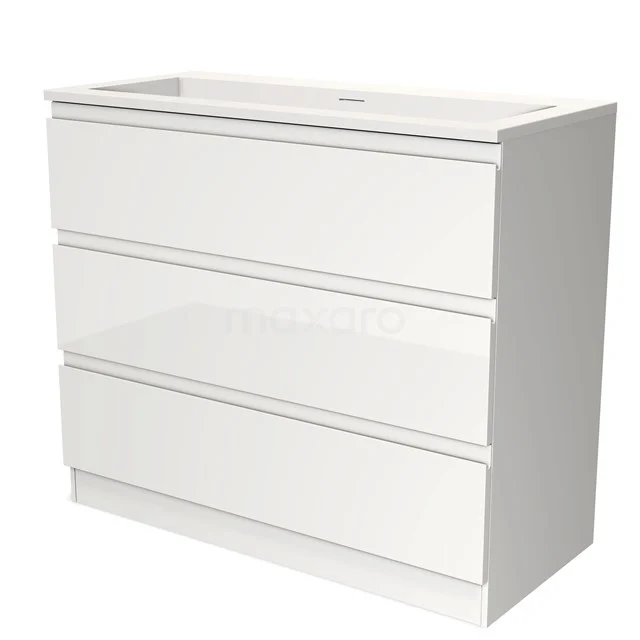 White wooden bathroom cabinet with three drawers, modern design and smooth surface, perfect for stylish storage space in the bathroom.