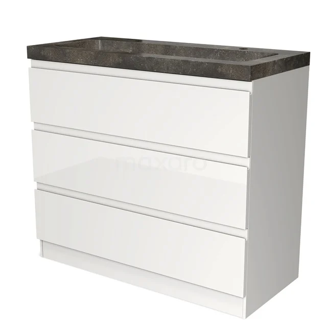 Wit badkamermeubel met drie lades en donker stenen wastafelblad, strak design voor moderne badkamers.