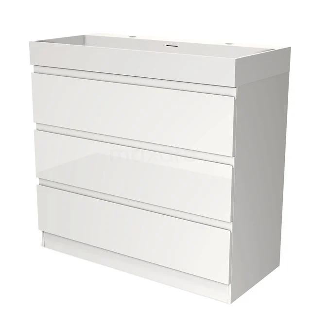 Witte badkamerkast met drie lades, modern design, hoogglans afwerking, ideaal voor badkameropslag.