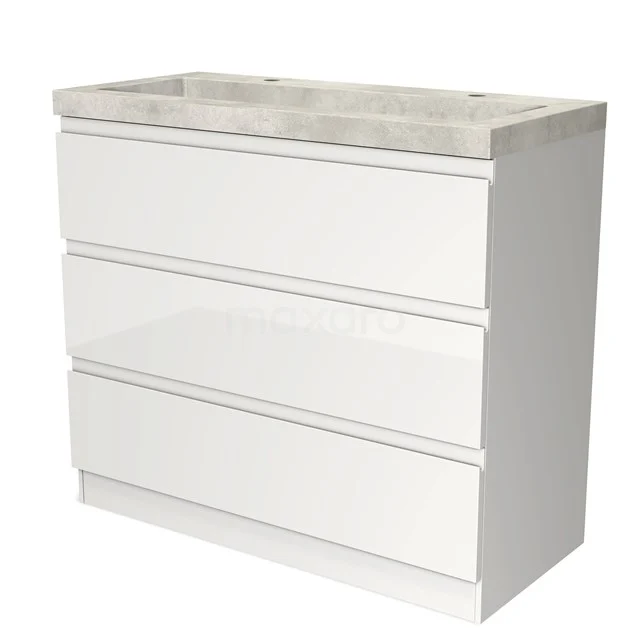 White bathroom unit with three drawers and natural stone worktop, sleek design, ideal for modern bathroom design.