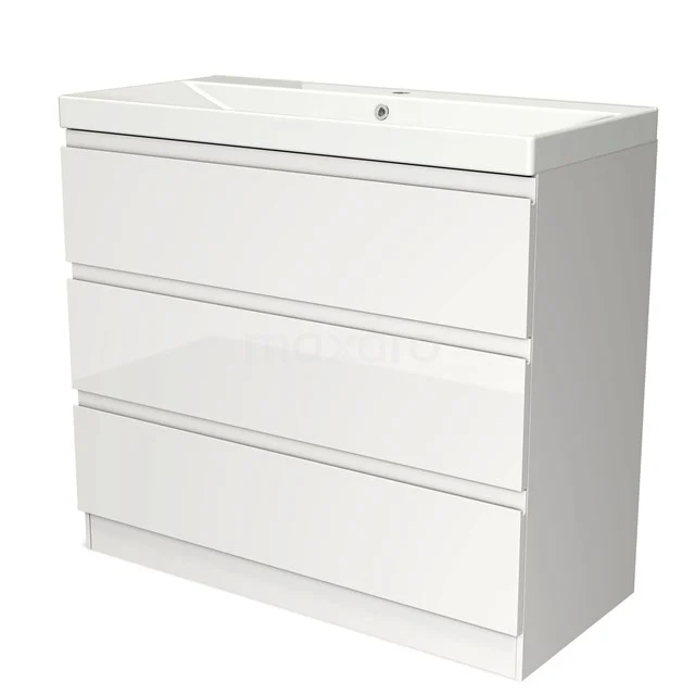Wit badkamermeubel met drie lades, hoogglans afwerking en geïntegreerde wastafel, ideaal voor moderne badkamers.