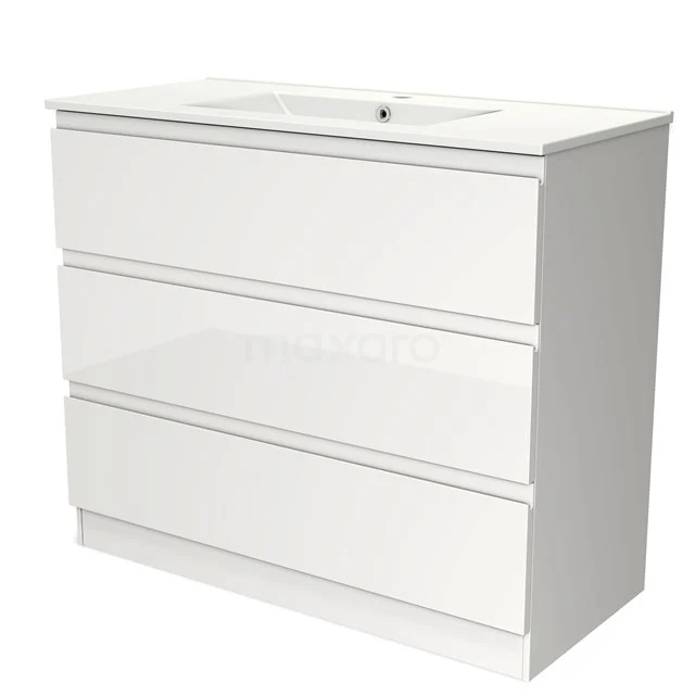 Witte badkamermeubelset met drie lades, hoogglans afwerking en geïntegreerde wastafel, perfect voor een moderne badkamer.