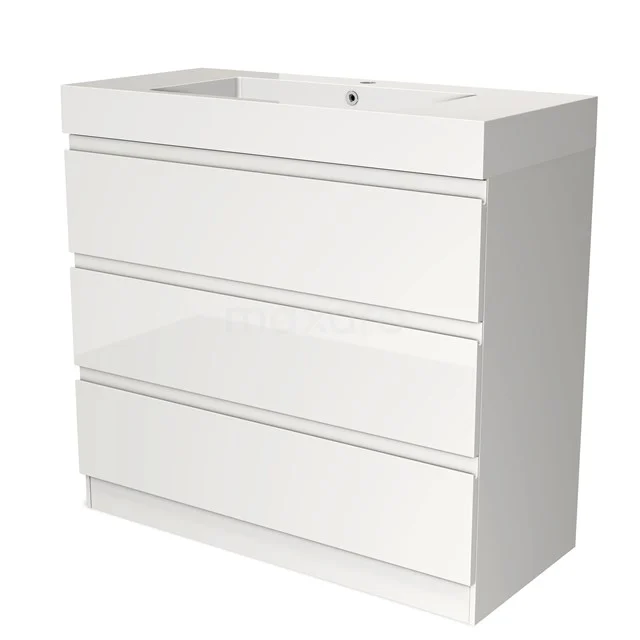 Witte badkamermeubel met 3 lades, strak design, hoogglans afwerking en geïntegreerde wastafel.