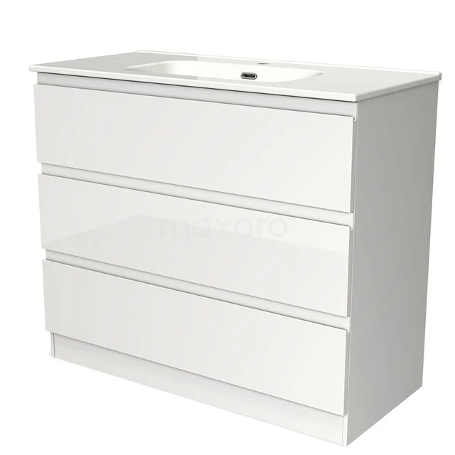 Wit badkamermeubel met drie lades, glanzende afwerking en geïntegreerde wastafel, ideaal voor moderne badkamers.