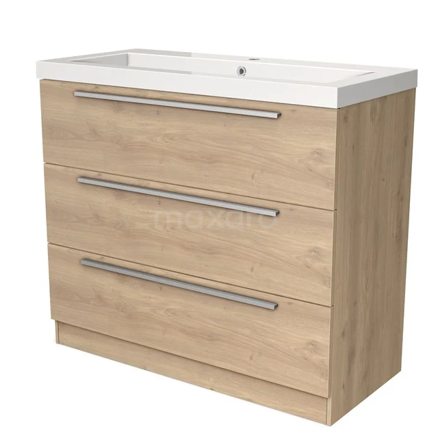 Houten badkamermeubel met drie lades en ingebouwde wastafel, neutrale houtkleur, ideaal voor moderne badkamerinrichting.