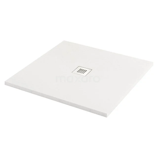 Weiße quadratische Duschwanne aus Keramik, modernes Design mit integriertem Abfluss, ideal für eine stilvolle Badezimmergestaltung.