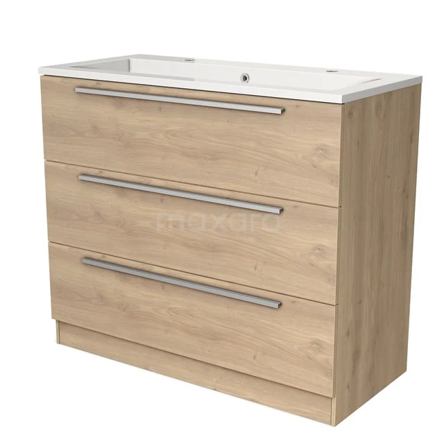 Houten wastafelmeubel met drie lades, eiken look, moderne designstijl, perfect voor een stijlvolle badkameropslag.