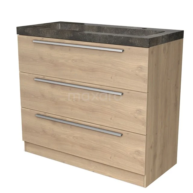 Moderne badkamerkast met houtlook, drie lades en donkergrijze steenlook wastafel; stijlvol en praktisch badkamermeubel.