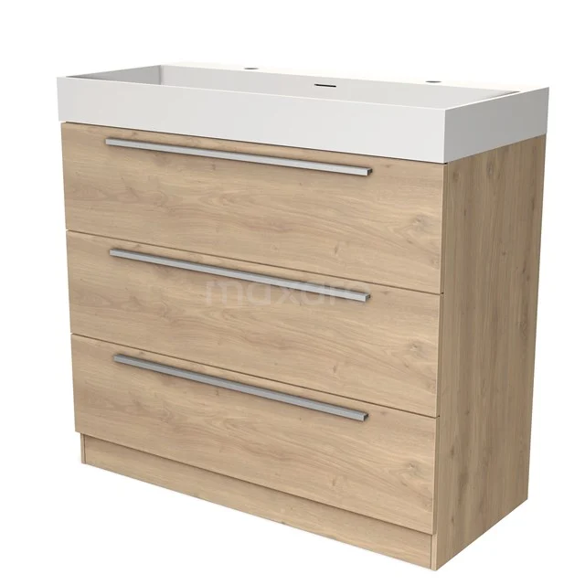 Houten badkamermeubel met witte wastafel, drie lades met metalen grepen, geschikt voor een moderne badkamer.
