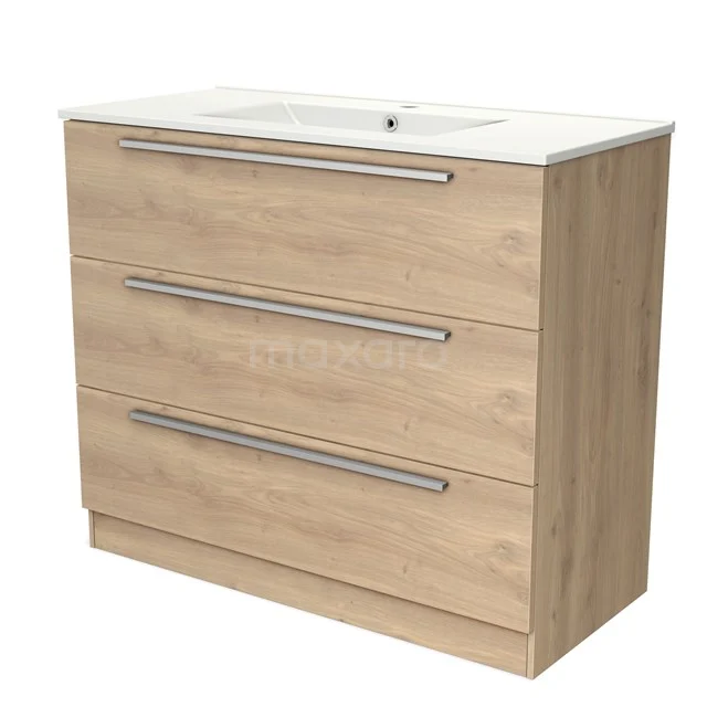 Houten badkamermeubel met drie brede lades, beige eiken afwerking en geïntegreerde witte wastafel voor een moderne badkamer.