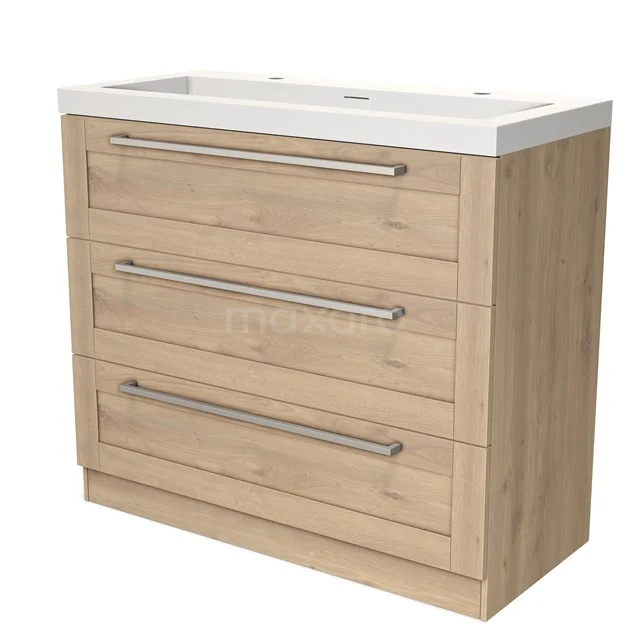 Holz-Badmöbel mit drei Schubladen und metallischen Haltegriffen, weiße Waschtischplatte, geeignet für einen modernen Badezimmerstil.