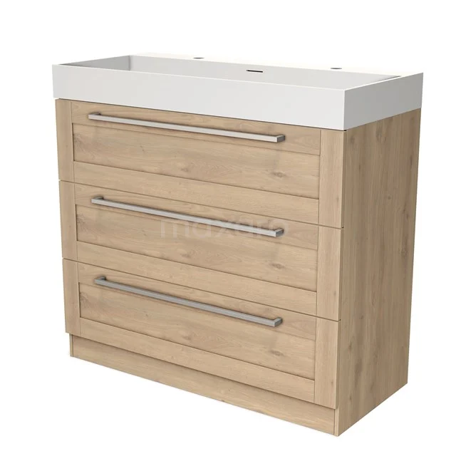 Modulo Waschtische | 100 cm Hellbraune Eiche Rahmen front Solid Surface 3 stehende Schubladen BMW19S-00280 Holz Badezimmermöbel mit weißem Waschbecken, drei Schubladen und metallischen Haltegriffen, perfekt für stilvolle Badezimmerlagerung.