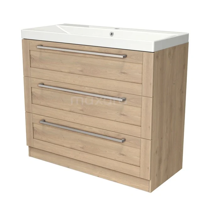 Holz Badezimmermöbel mit drei Schubladen, heller Eiche Oberflächenbehandlung und weißem keramischen Waschbecken, ideal für ein modernes Badezimmer.