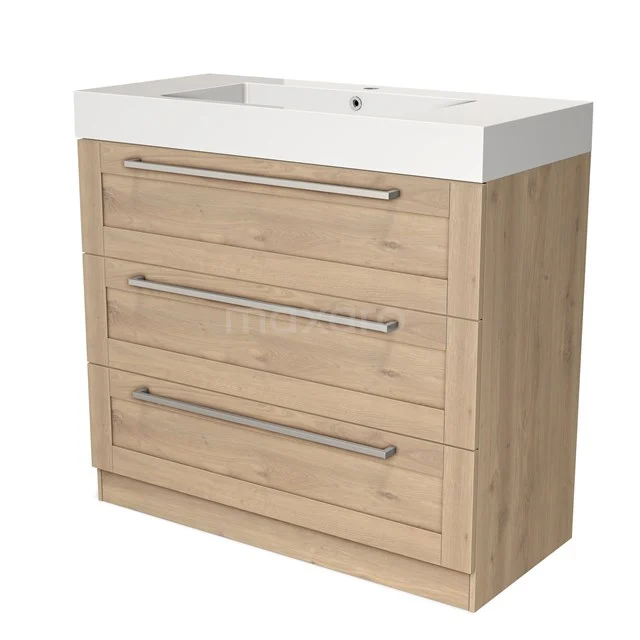 Holz-Badmöbel mit drei Schubladen, Eiche-Optik, rechteckiges Waschbecken und Metallgriffen, ideal für modernen Badezimmerstil.