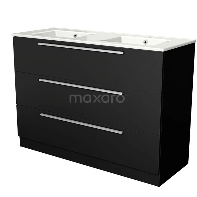 Black bathroom unit with double basin, sleek handles and minimalist design, perfect for modern bathrooms.