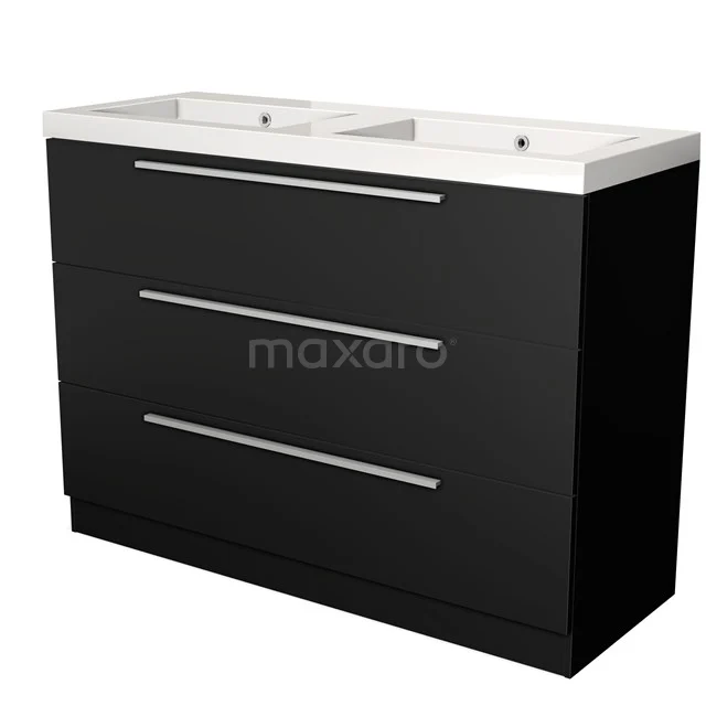 Badmöbel 120cm Modulo Matt Schwarz 3 Schubladen Stehendes Waschbecken Mineralguss BMW19S-00290 Schwarz Badmöbel mit Doppelwaschbecken, drei Schubladen und metallischen Griffen, elegantes Design, ideal für moderne Bäder.