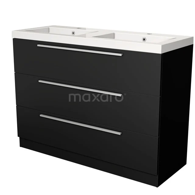 Black double basin base cabinet, glossy finish, with three drawers; perfect for modern bathrooms.