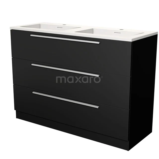 Black bathroom furniture set with double basin, sleek drawer handles and modern look, ideal for a stylish bathroom.