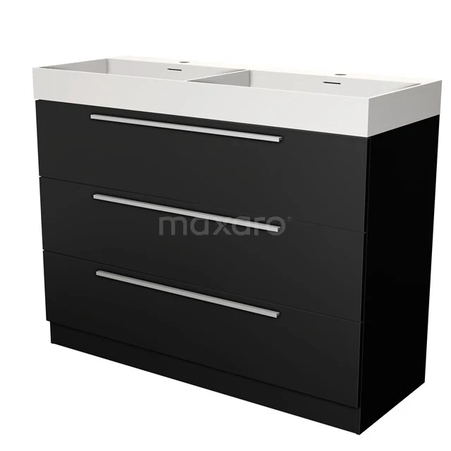 Black bathroom furniture set with matte finish, wide drawers and double white sink for modern bathroom design.