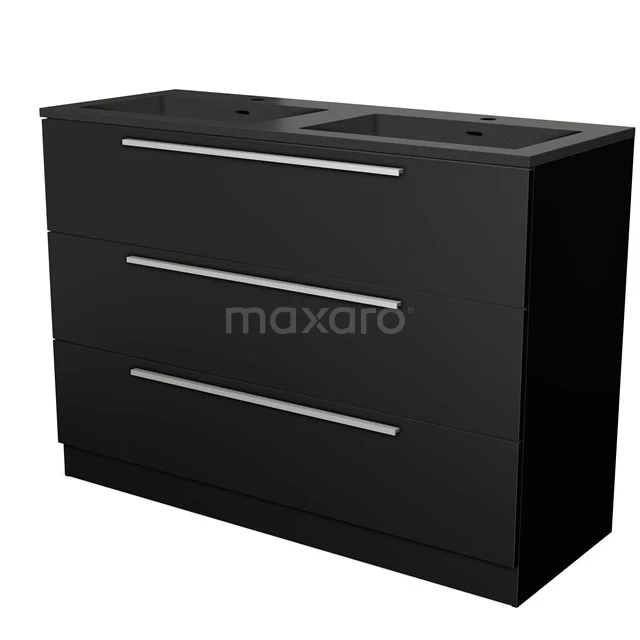 Black bathroom cabinet with double basin, three drawers with silver handles, sleek design, ideal for modern bathrooms.