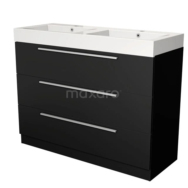 Black vanity unit with double white sink, three drawers and a sleek modern design, perfect for any bathroom.