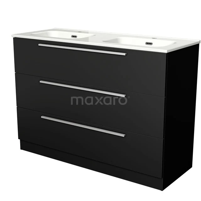 Black double vanity unit with drawers and sleek design, ideal for modern bathrooms with lots of storage space.