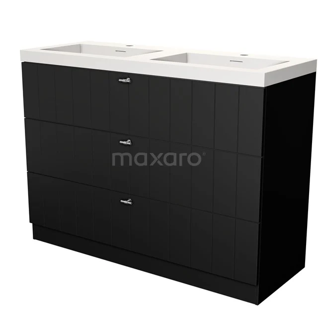 Black bathroom unit with vanity units with basin, modern wooden look, three drawers and sleek design for a stylish bathroom.
