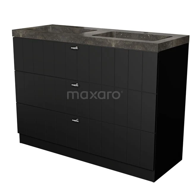 Black bathroom furniture set with three drawers and marble worktop, sleek design, ideal for modern bathroom design.