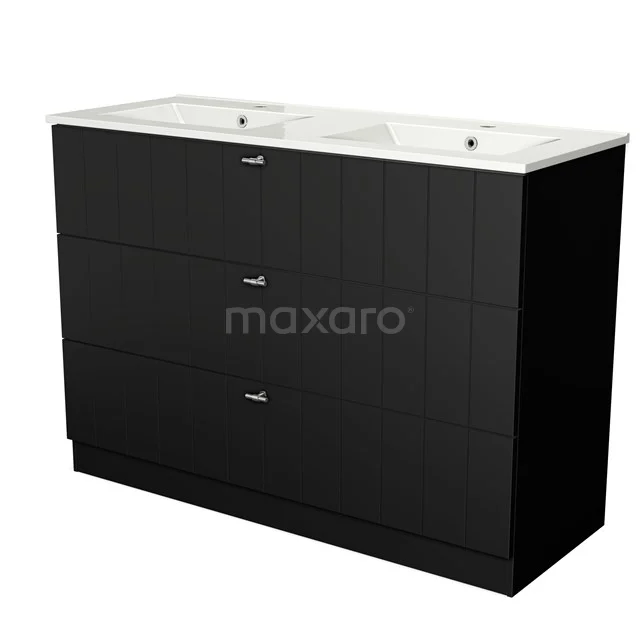 Black bathroom cabinet with double sink, minimalist design, smooth finish and three spacious drawers for storage space.