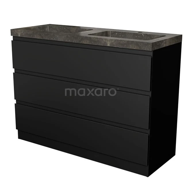 Black bathroom furniture set with three drawers and grey marble basin, ideal for modern bathrooms.