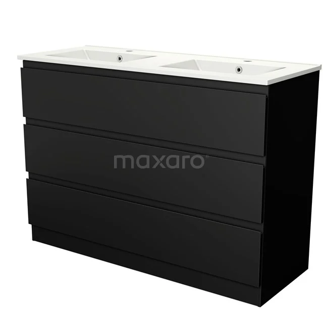 Black bathroom unit with double sink, sleek drawers and modern design, ideal for stylish and organised bathrooms.
