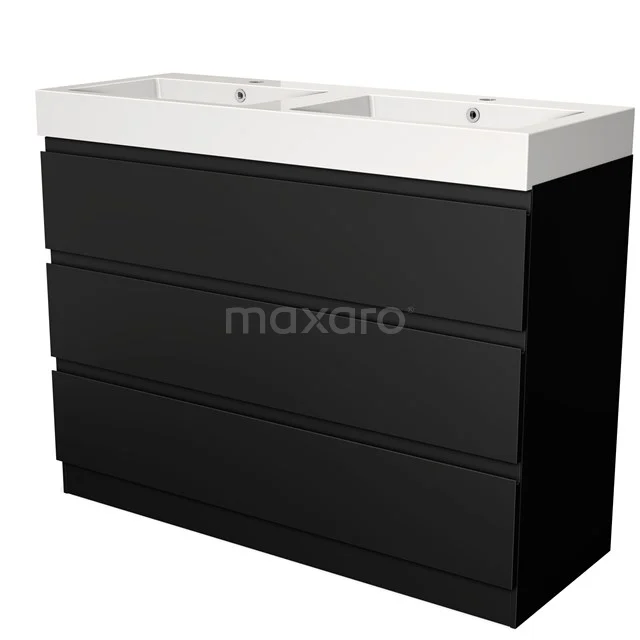 Black bathroom unit with double white vanity units with basin, sleek design, ideal for modern bathrooms.