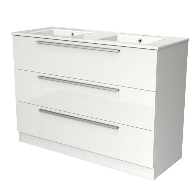 Modulo Vanity units with basin | 120 cm High-gloss white Flat front Ceramic 3 standing drawers BMW19S-00331