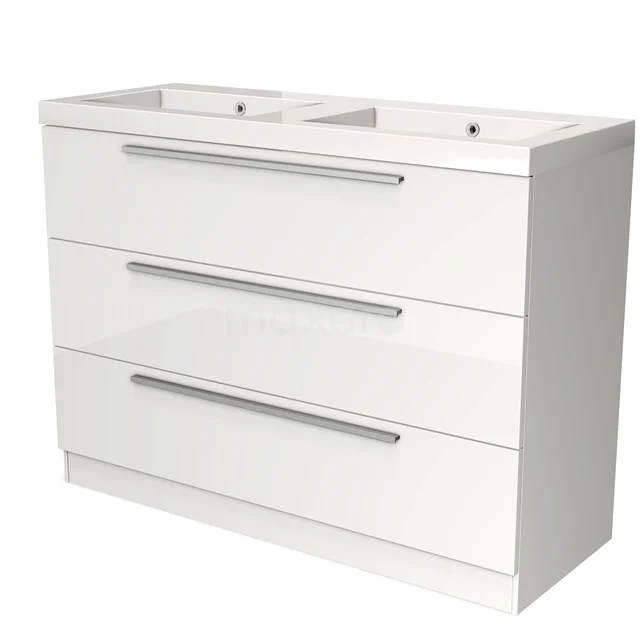 Weißes Badezimmermöbel mit Doppelwaschbecken, drei Schubladen und silberfarbenen Haltegriffen, schlichtes Design und moderne Ausstrahlung.