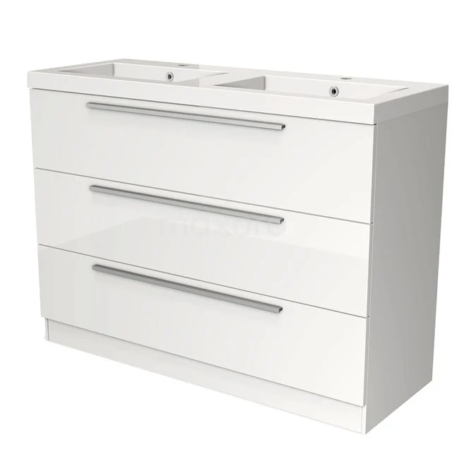 Modulo Waschtische | 120 cm Hochglanz Weiß Flach front Mineralguss 3 stehende Schubladen BMW19S-00333 Weißes Badezimmermöbel mit Doppelwaschbecken, drei Schubladen und metallischen Haltegriffen, ideal für moderne Badezimmerlagerung.