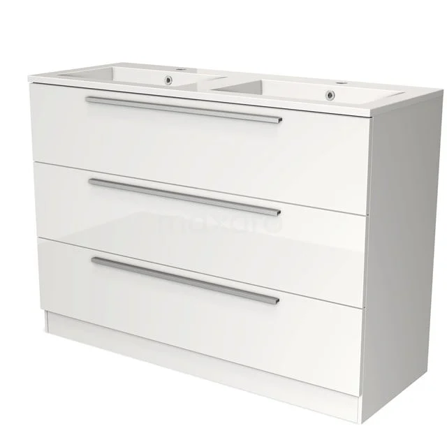 Modulo Bathroom furniture with sink | 120 cm High-gloss white Flat front Mineral marble 3 standing drawers BMW19S-00334 White bathroom unit with double basin, sleek metal handles and three spacious drawers for stylish and practical storage space.