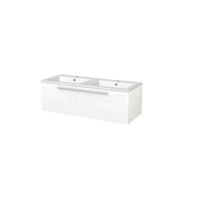Double white vanity unit with rectangular ceramic sink from the modern bathroom collection, sleek and minimalist design.