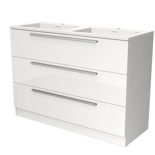 White double vanity unit with three drawers, modern style, perfect for a practical bathroom solution.
