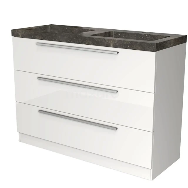 White bathroom unit with three drawers, black marble worktop and Stainless steel handles, perfect for modern bathrooms.