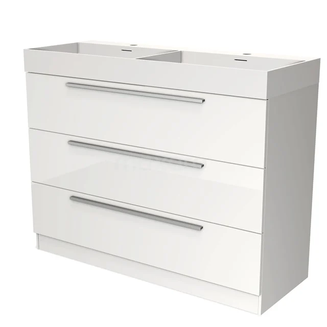 Modulo Bathroom furniture with sink | 120 cm High-gloss white Flat front Solid surface 3 standing drawers BMW19S-00338 White bathroom unit with double basin, 3 spacious drawers and slim metal handles; modern wooden design.