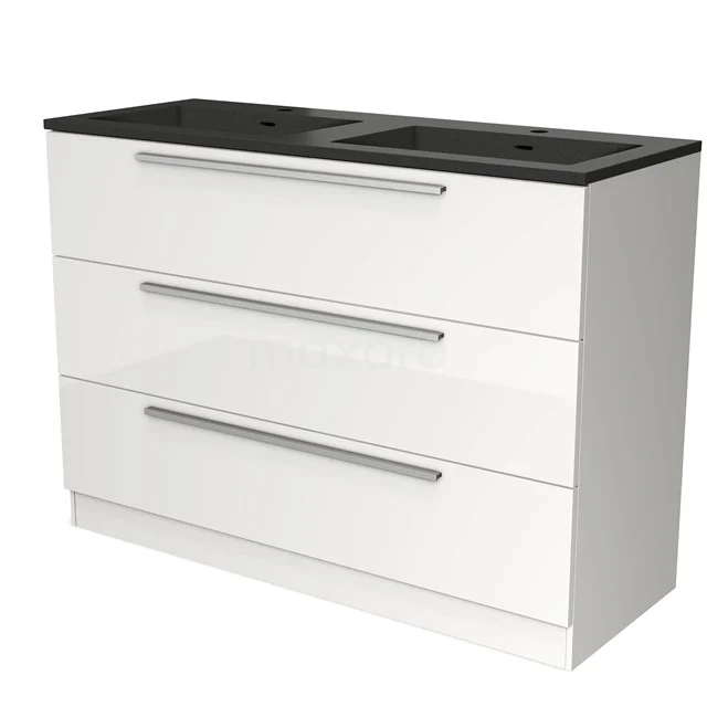 White bathroom cabinet with black basin, three drawers and sleek aluminium Handles, ideal for stylish bathroom storage.